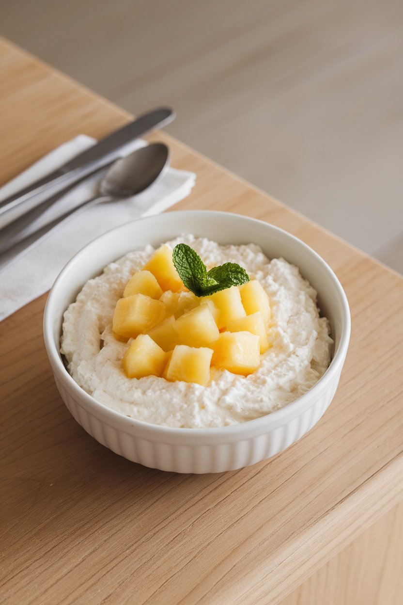 An indoor breakfast nook displaying a white bowl of cottage cheese topped with diced pineapple chunks and a mint sprig; neutral background, no logos.