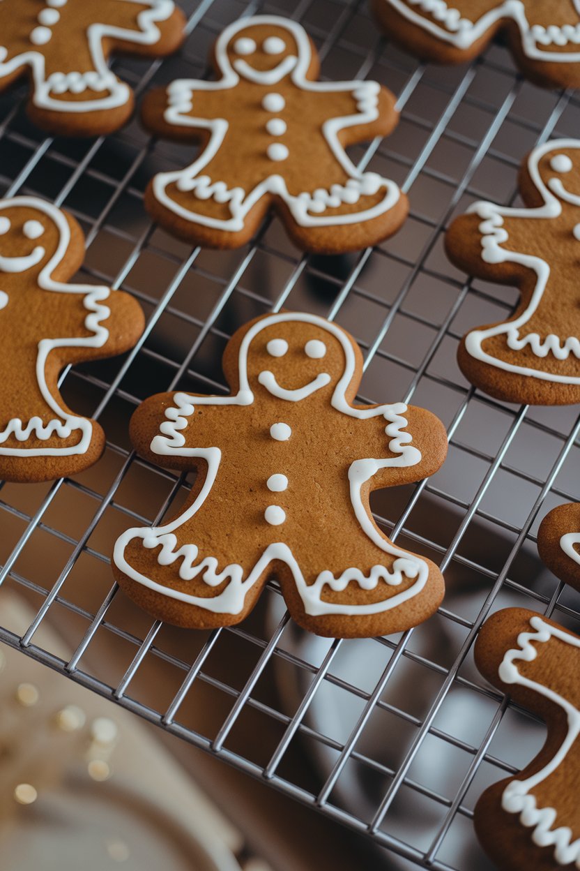 An indoor baking rack with gingerbread men cooling, royal icing details, no text or logos. Photo.