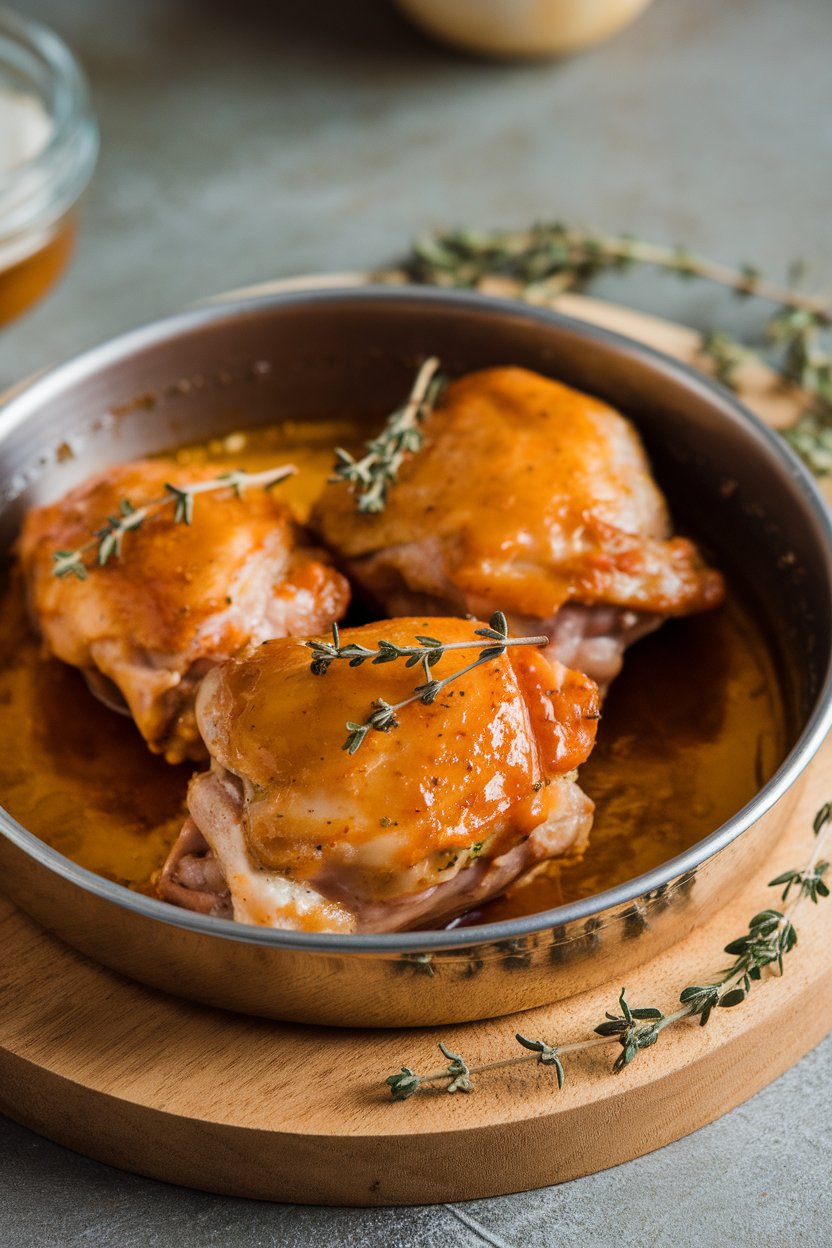 Indoor photo of golden glazed chicken thighs in a shallow dish, thyme sprigs scattered around, no text or logos
