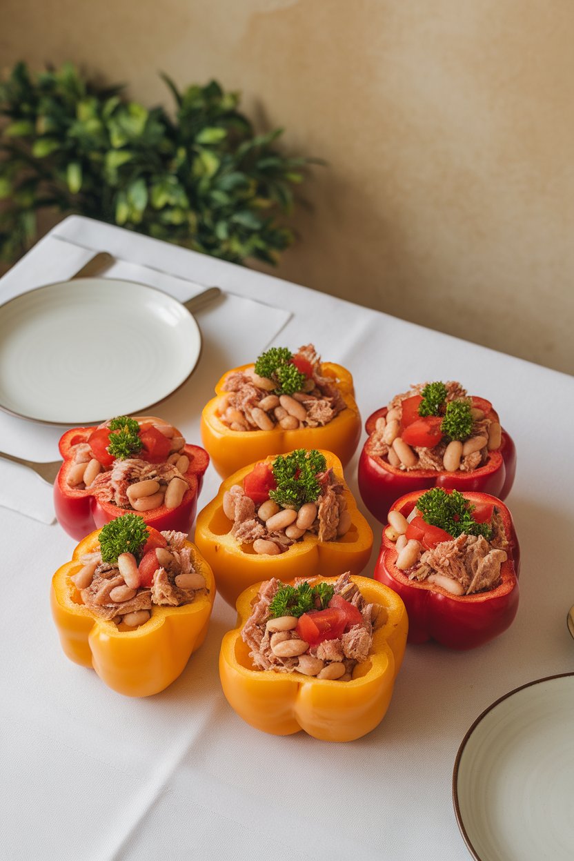 An indoor dining table with halved bell peppers filled with cooked tuna, cannellini beans, parsley, and diced tomatoes. No text or logos in the frame. Photo only.