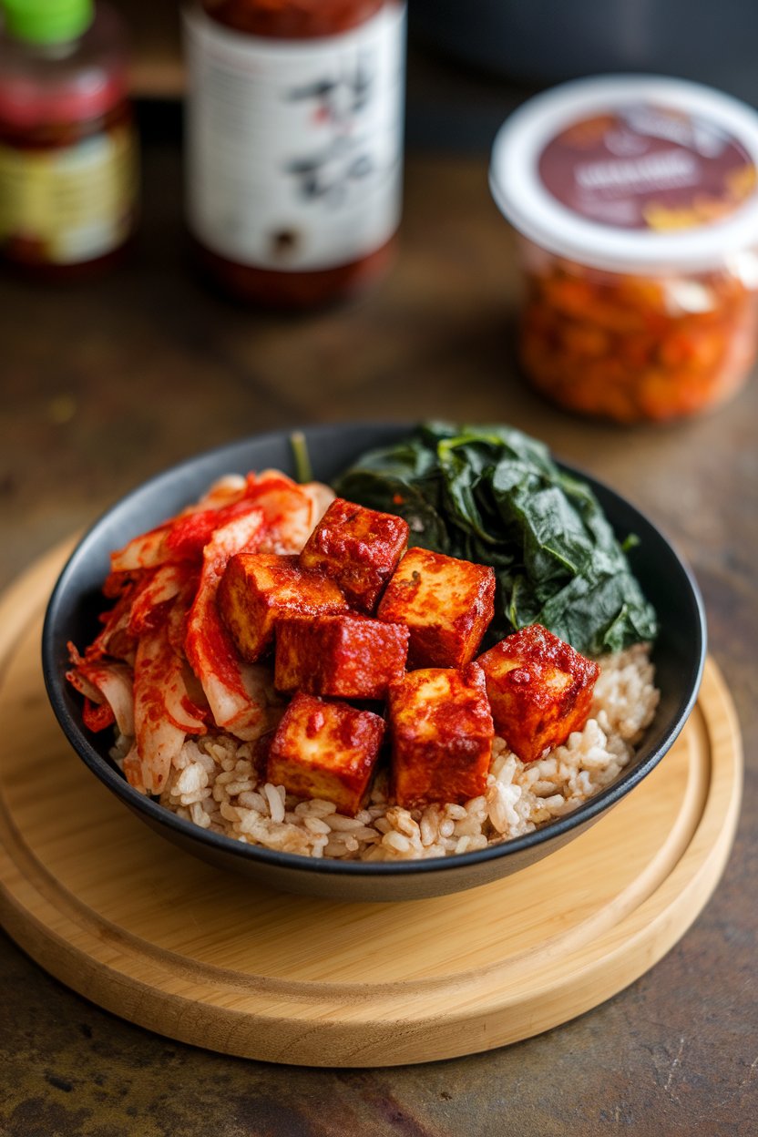 Indoor shot of brown rice, gochujang-glazed tofu cubes, kimchi, and steamed spinach. No text or logos.