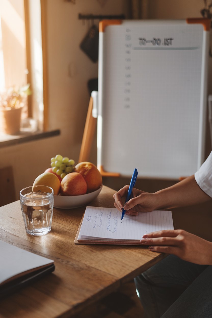 An indoor scene with a person writing goals in a kitchen notebook beside a bowl of fresh fruit and a glass of water. Warm morning light, no text or logos visible.