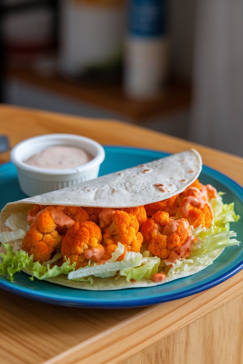 Photo of an indoor lunch plate showing flour tortillas filled with buffalo-sauced roasted cauliflower and shredded lettuce, ranch on the side; no text or logos