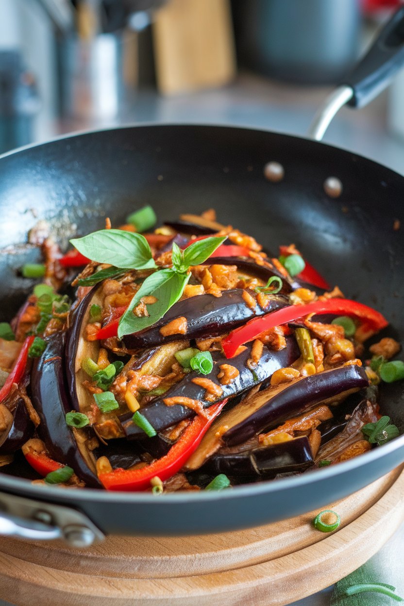Indoor wok scene showing glossy stir-fried eggplant strips, red bell pepper, and fresh Thai basil leaves coated in a soy-garlic sauce. No text or logos present.