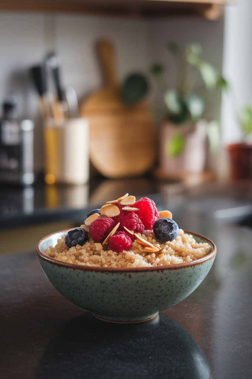 An indoor kitchen island featuring a bowl of fluffy quinoa topped with fresh berries, toasted almond slivers, and a drizzle of honey; gentle morning light, no brand names.