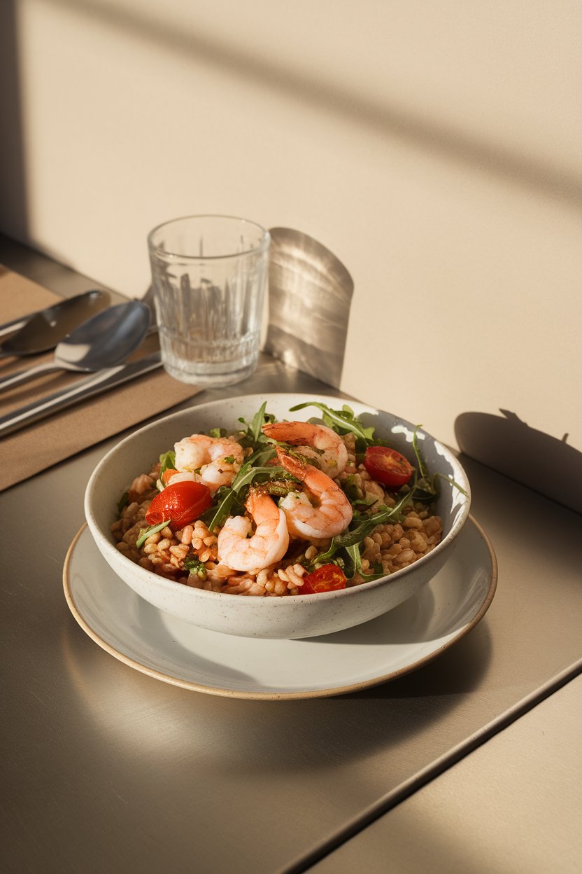 Indoor lunch counter with a bowl of farro tossed with cooked shrimp, cherry tomatoes, arugula, and basil pesto. Photo, no text or logos present.