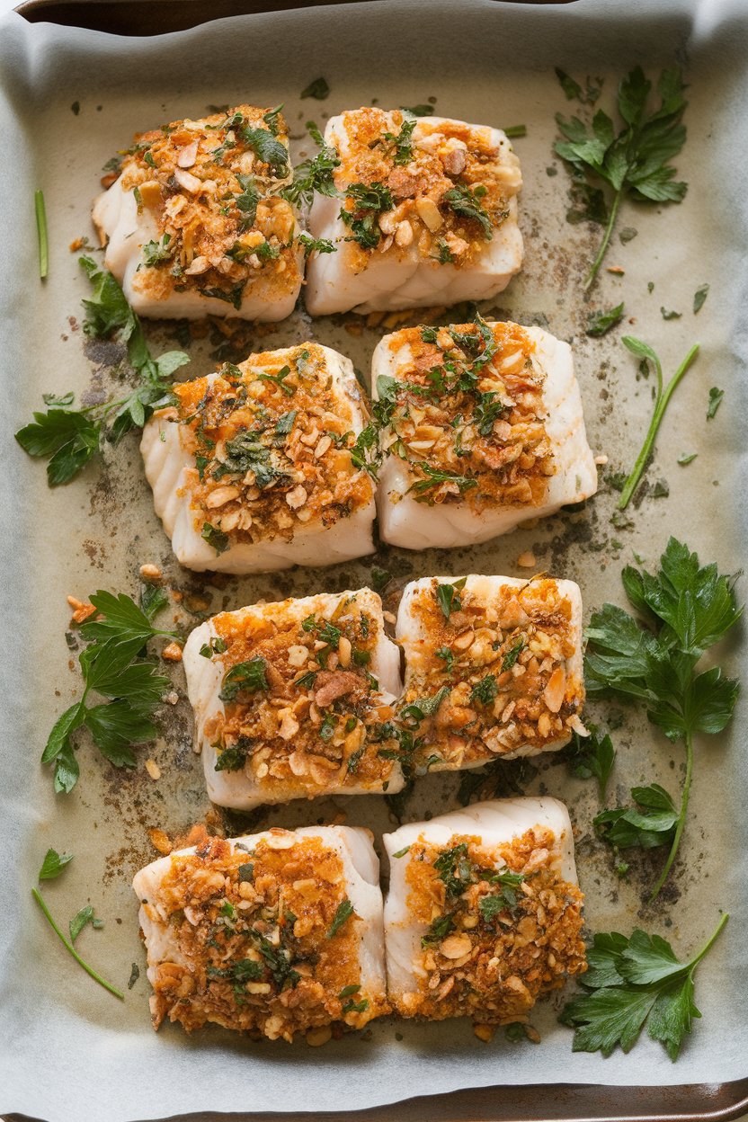 Indoor photo of baked cod fillets coated in crushed almonds and herbs on a parchment-lined tray. No text or logos present.