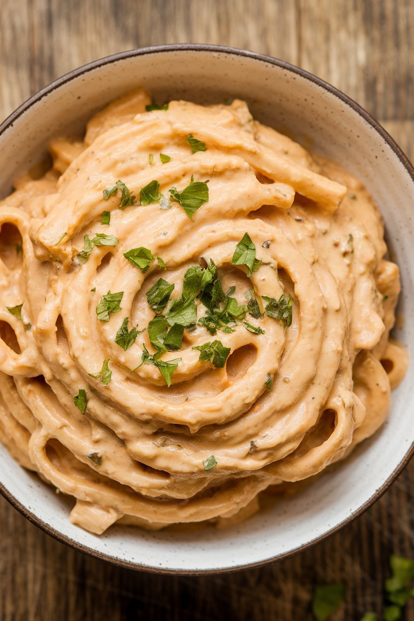 Indoor photo of a bowl of creamy pasta coated in a light tofu-based sauce, sprinkled with parsley, no text or logos