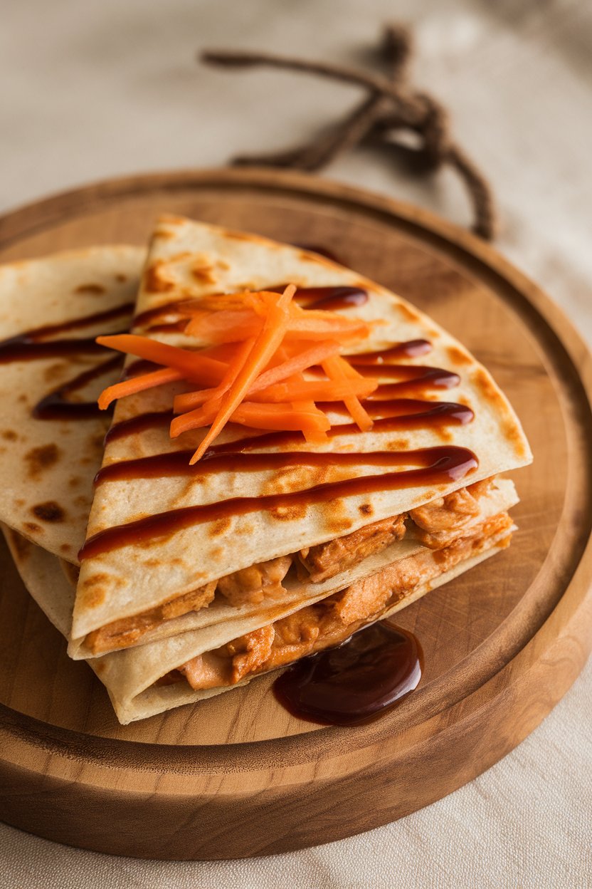 Indoor serving board, Thai peanut chicken quesadilla with julienned carrots visible, photo, no text or logos.