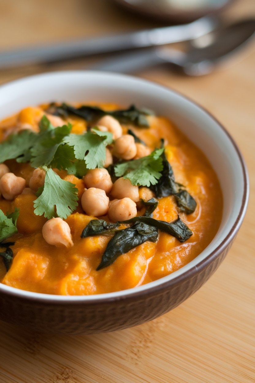 Photo, indoors, bowl of golden butternut squash stew with chickpeas and spinach, cilantro garnish. No text or logos.