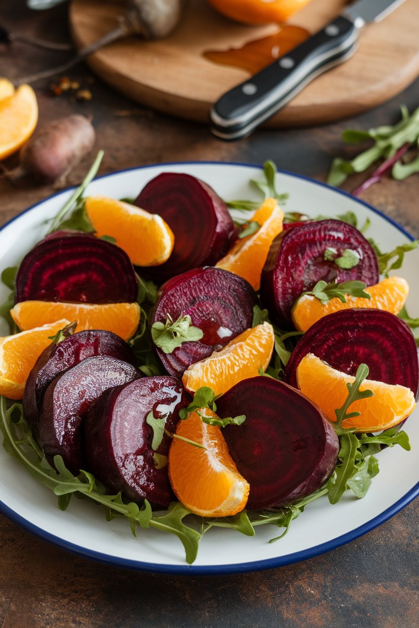 Photo of sliced roasted beets arranged with orange segments and arugula on a white plate indoors, no text or logos.