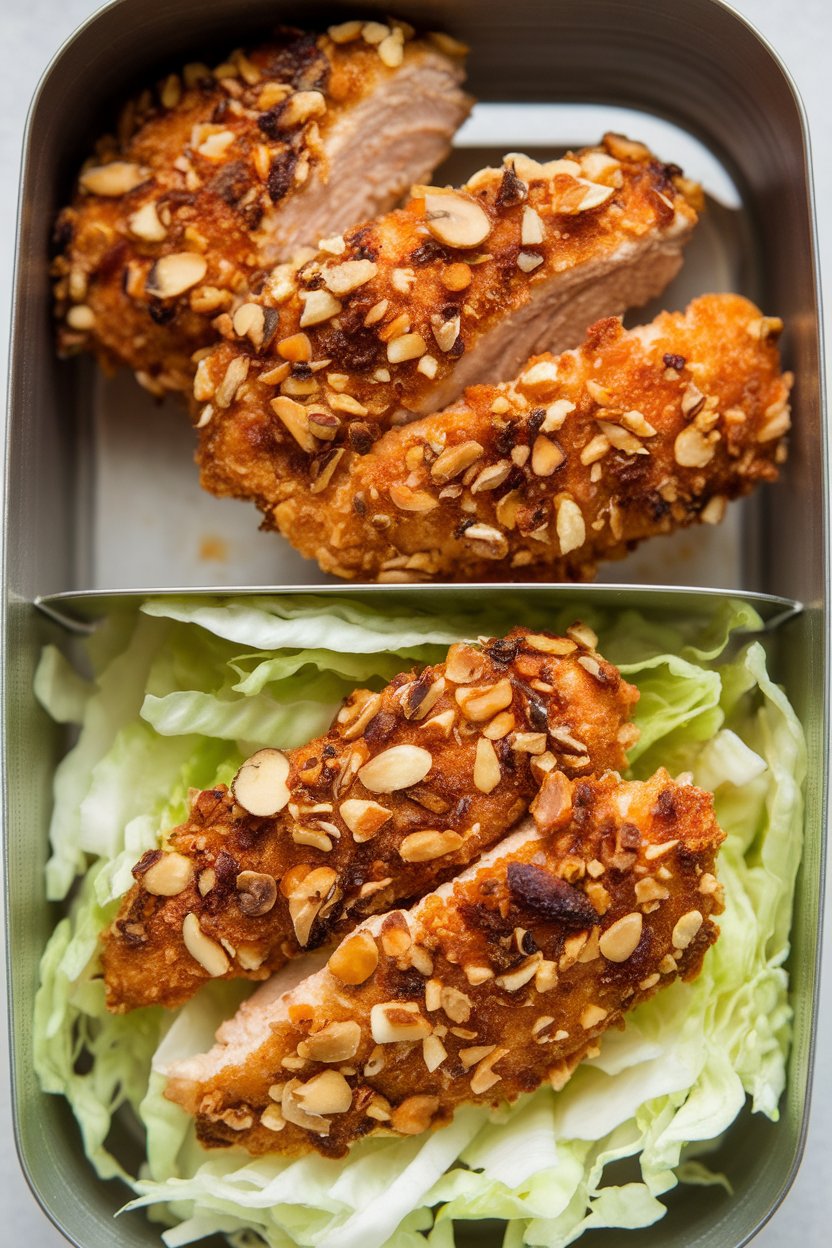 An indoor lunch container featuring baked almond-crusted chicken strips next to crunchy cabbage slaw. No text or logos visible. Photo only.