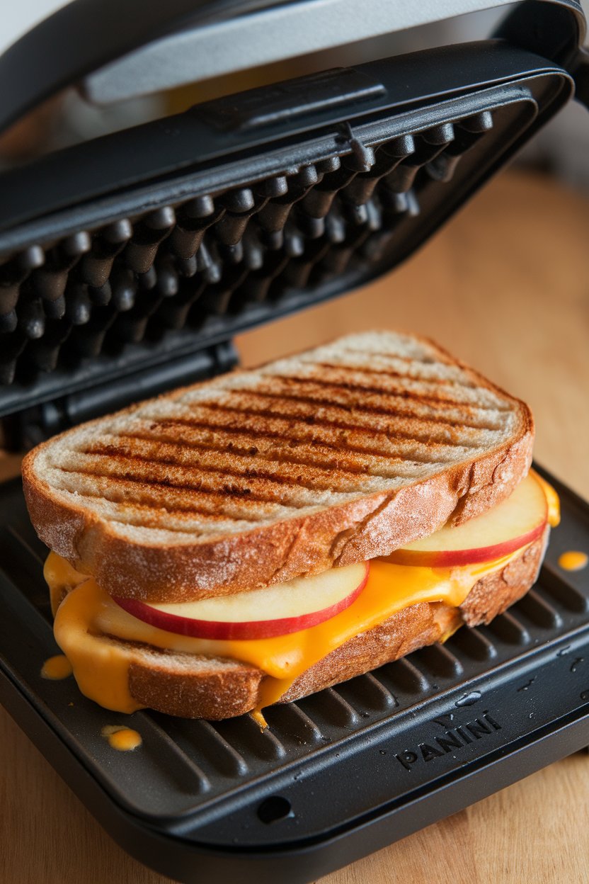 An indoor panini press open to reveal grilled sandwiches with melted cheddar and thin apple slices between whole-grain bread. No text or logos. Photo.