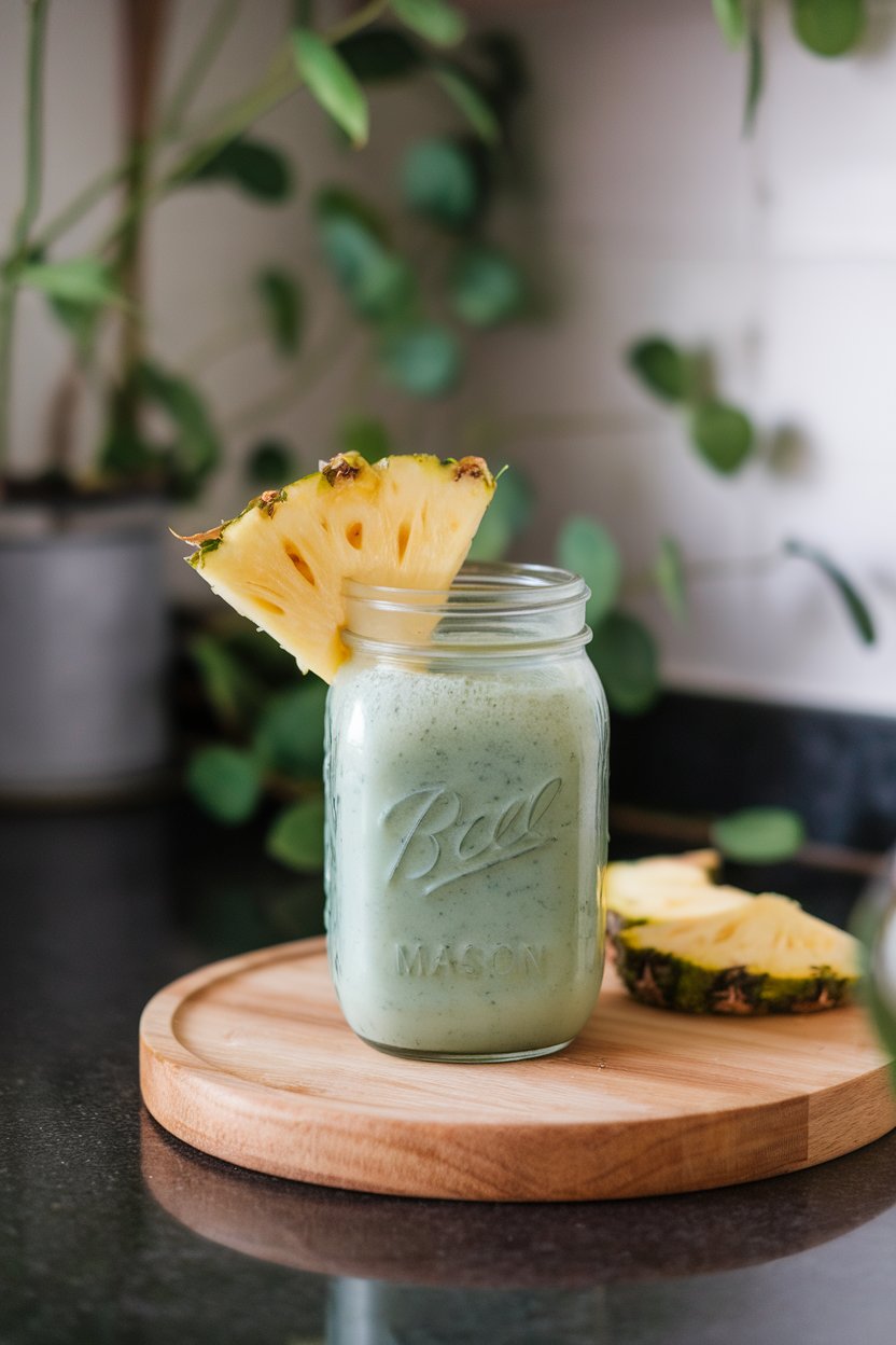 A photo of an indoor countertop with a mason jar of teal-green smoothie, pineapple wedge garnish; no text or logos.
