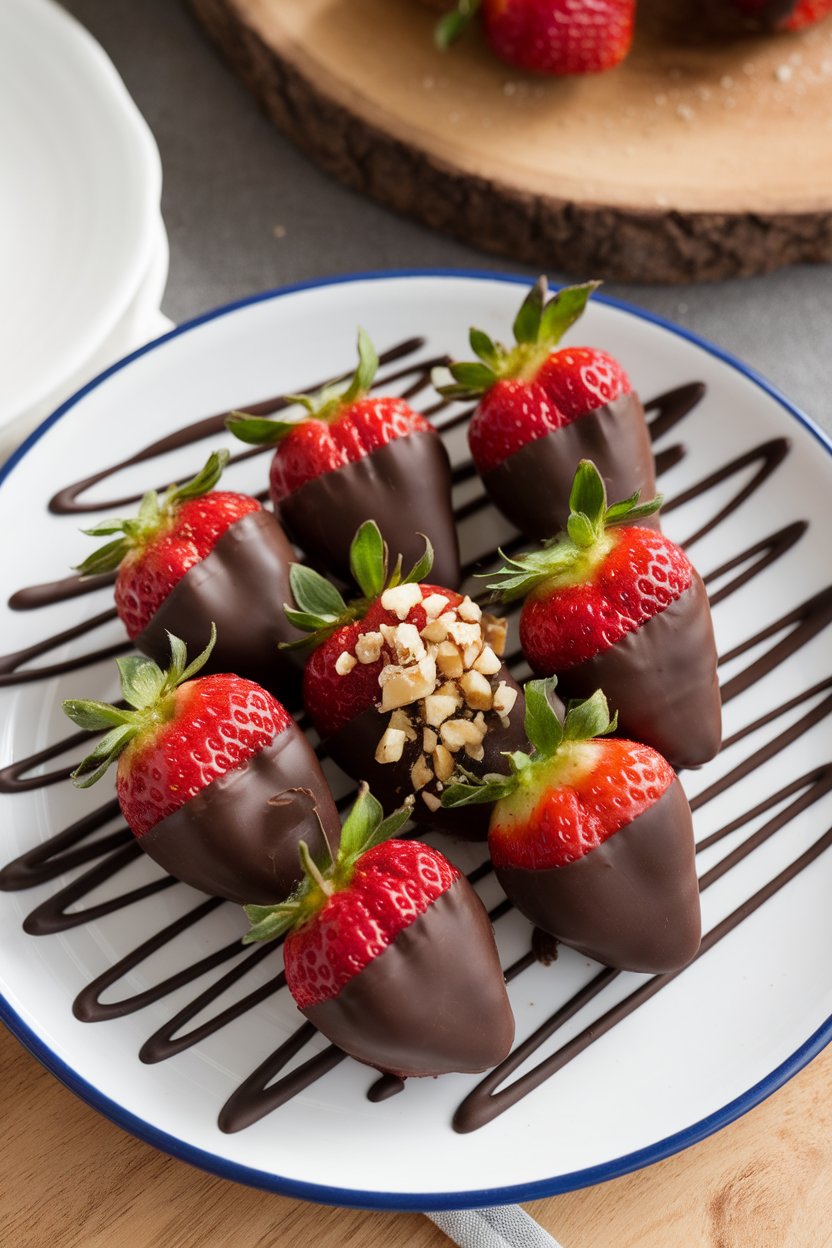 An indoor dessert platter with fresh strawberries half-dipped in dark chocolate, glossy finish, photo, no text or logos.