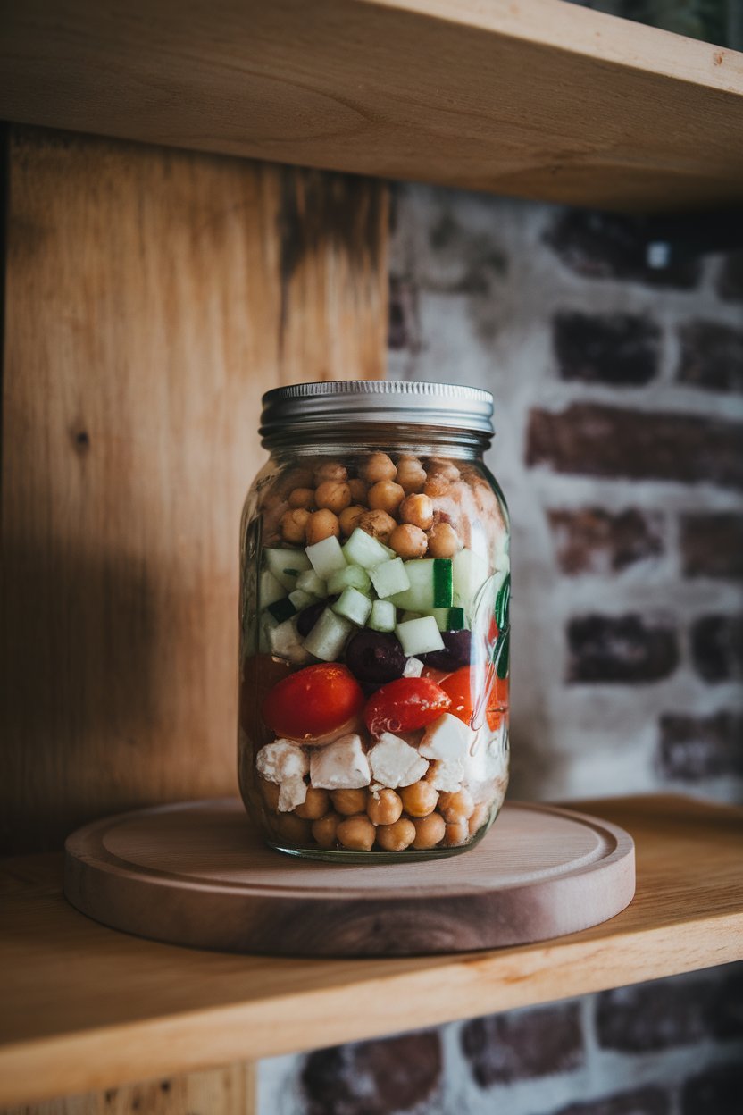 An indoor shelf displaying a mason jar layered with chickpeas, diced cucumber, cherry tomatoes, feta, and olives; vivid colors, no text or logos; photo