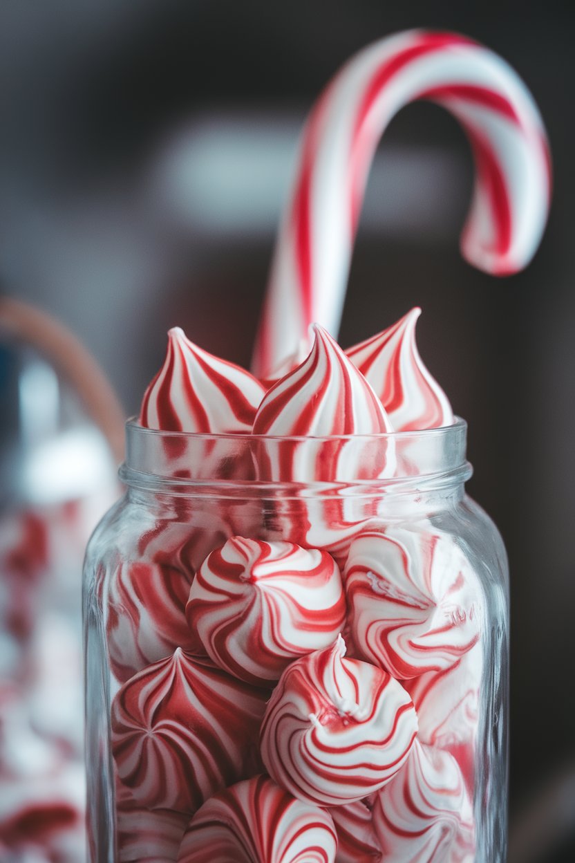 Swirled red-and-white meringue drops in a glass jar indoors, candy cane blurred in background, no text or logos.