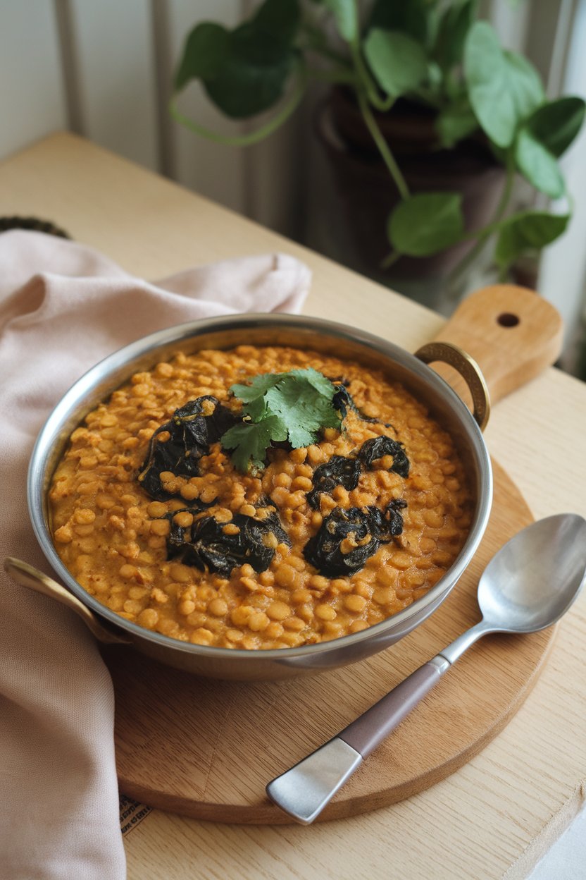 A serving bowl on an indoor dining table filled with golden lentil curry dotted with wilted spinach, garnished with cilantro; no text or logos; photo.
