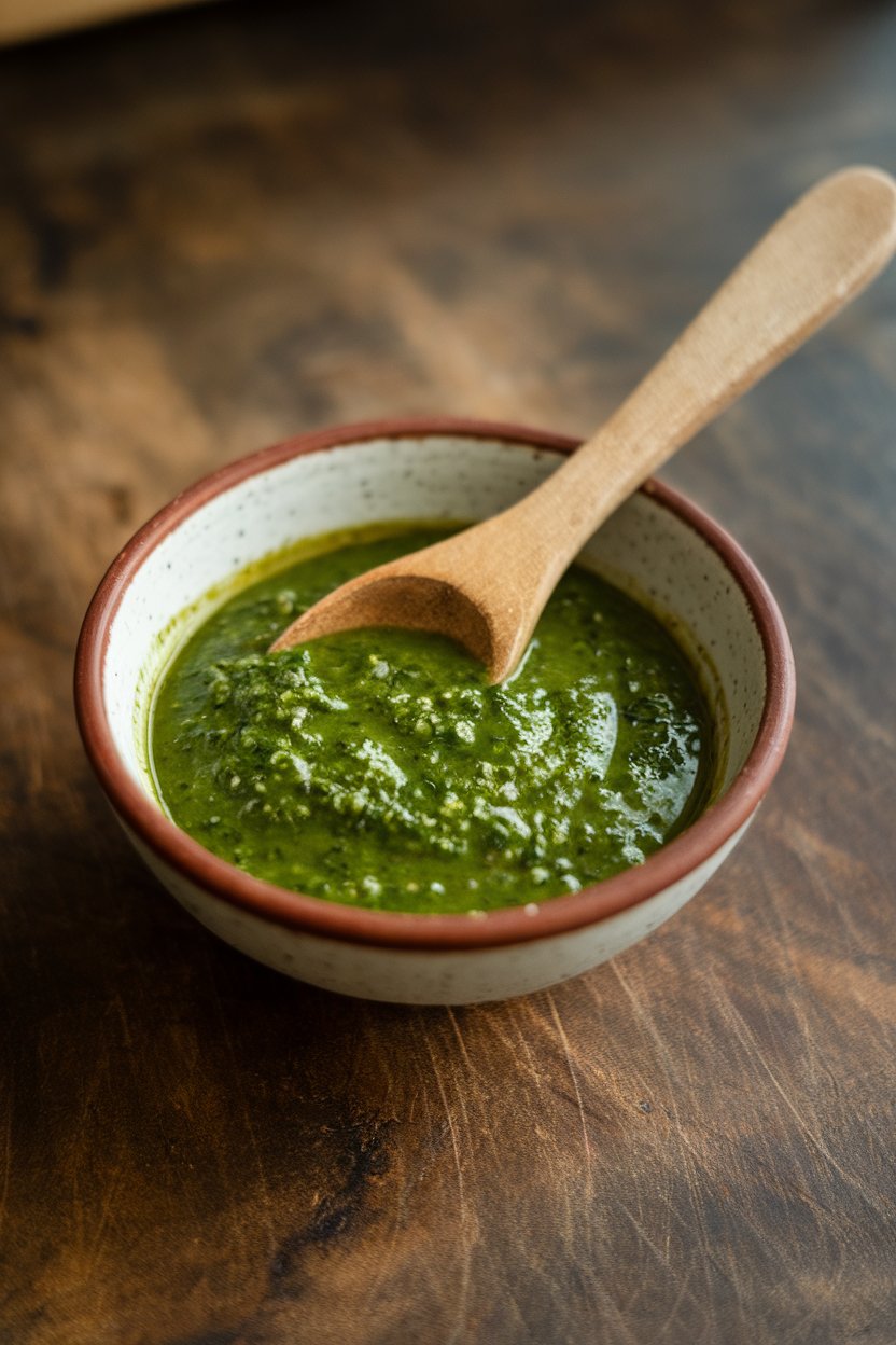 A small bowl indoors containing green chimichurri sauce made with carrot tops, spoon resting inside; no text or logos, photo only