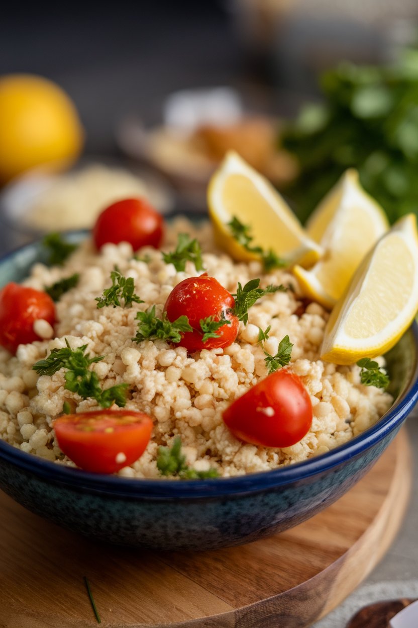 Photo of an indoor bowl of couscous dotted with cherry tomatoes, parsley, and lemon wedges; no text or logos
