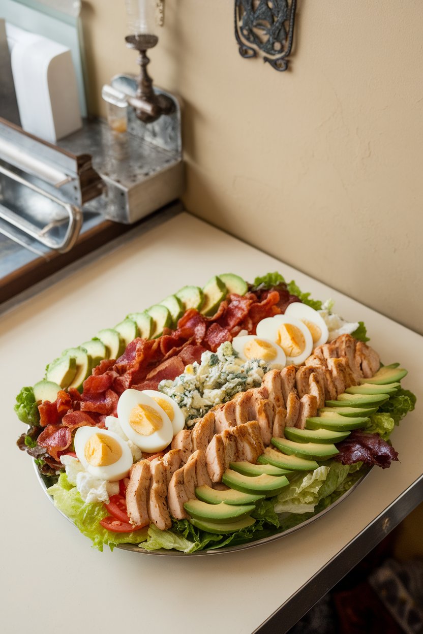 Indoor diner-style tabletop with a platter of Cobb salad arranged in neat rows of grilled chicken, avocado, bacon, hard-boiled eggs, tomato, and blue cheese over romaine. Photo only, no text or logos.