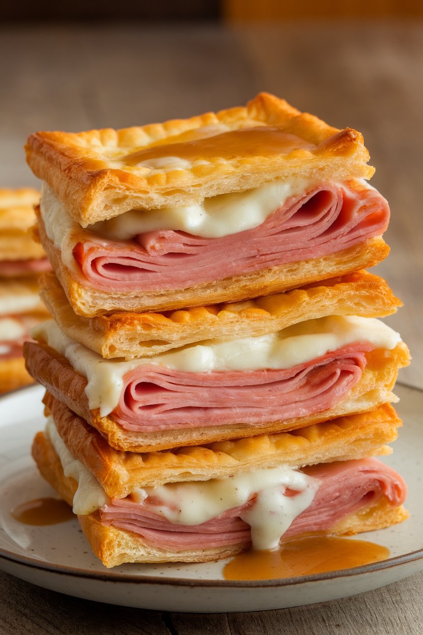 Square puff pastry sandwiches filled with ham and melted swiss, stacked on an indoor plate. No text or logos. Photo.