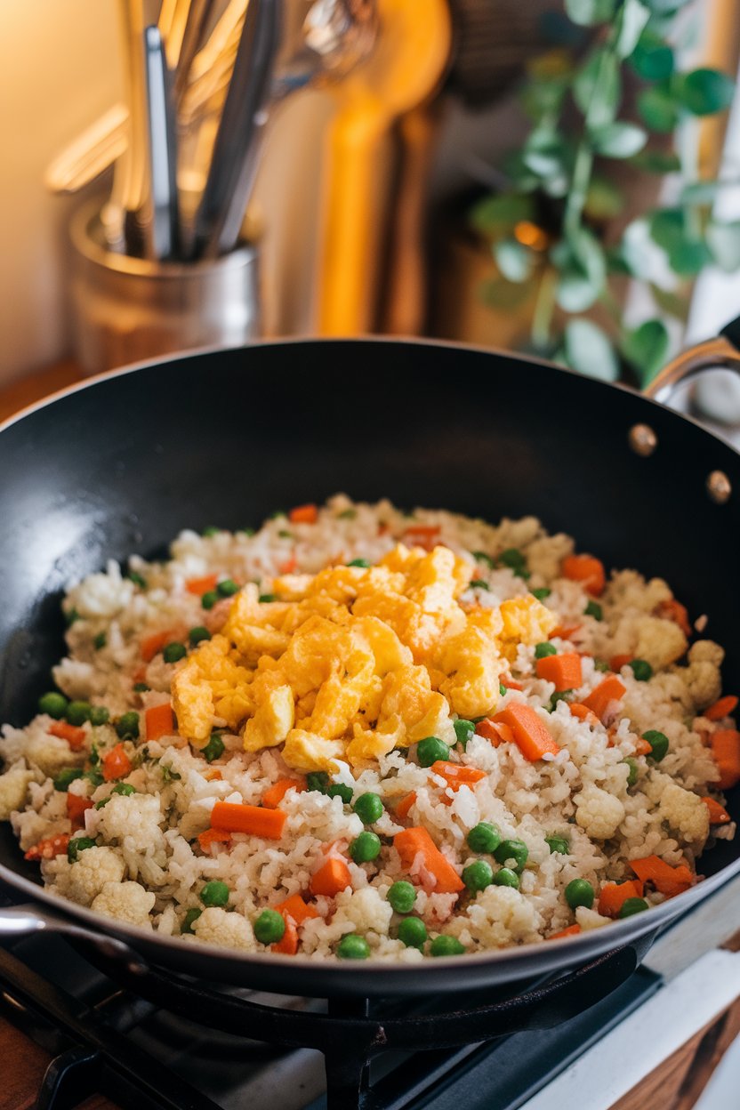 An indoor wok containing cauliflower rice mixed with peas, carrots, and scrambled egg bits. No text or logos. Photo, not illustration.