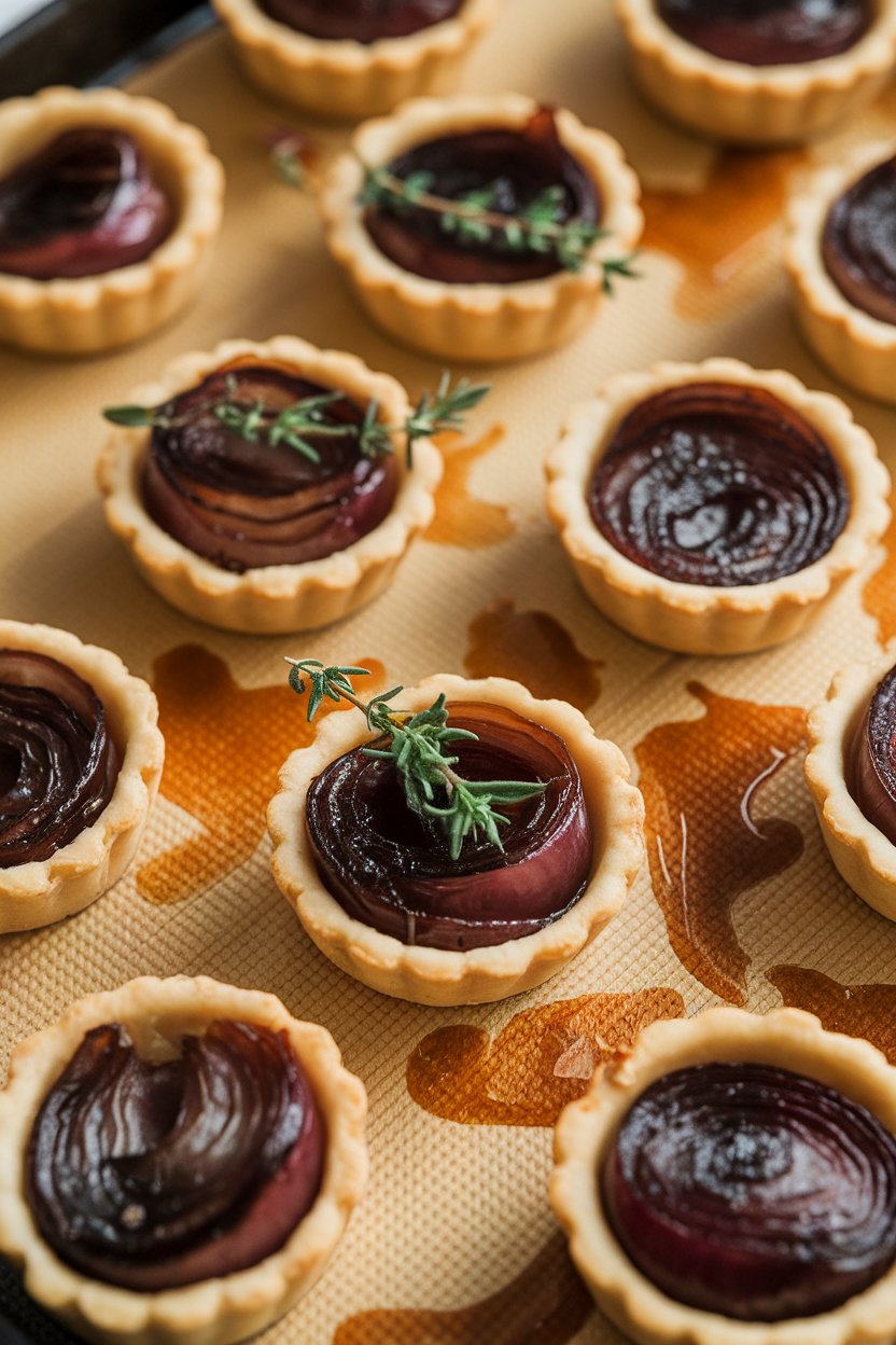 A baking tray inside showing mini tart shells filled with deeply caramelized onions and thyme. No text or logos.
