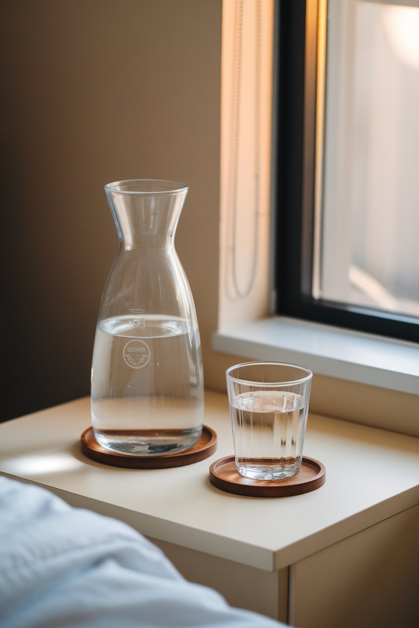 A bedside table with a carafe and a half-full glass of water catching early sunlight, no logos on glassware.