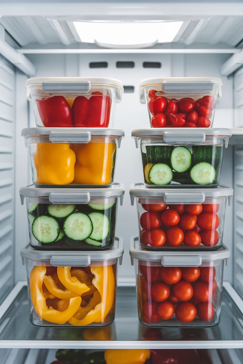An indoor refrigerator interior showing a middle shelf lined with glass containers of pre-cut bell peppers, cucumbers, and cherry tomatoes. No text or logos visible.