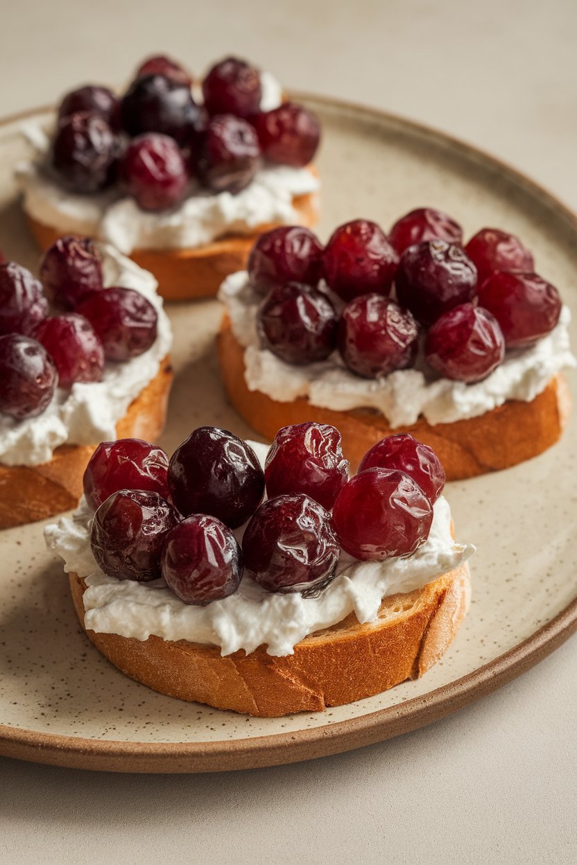 Toast rounds topped with whipped ricotta and blistered red grapes, photographed indoors on a ceramic plate. No text or logos. Photo.