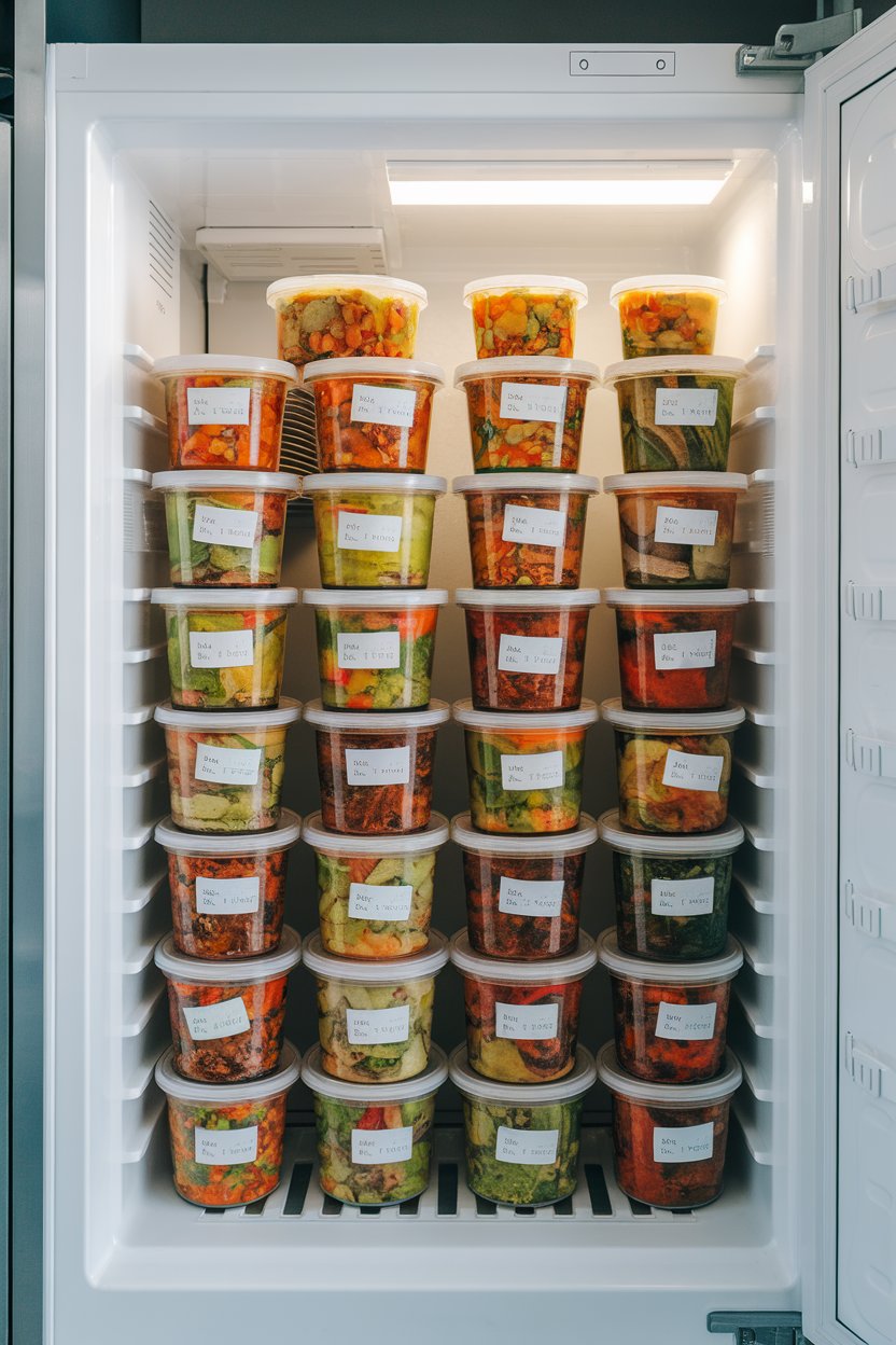 An indoor freezer door open to reveal neatly stacked glass containers of colorful stews and stir-fries; no text or logos. Photo.