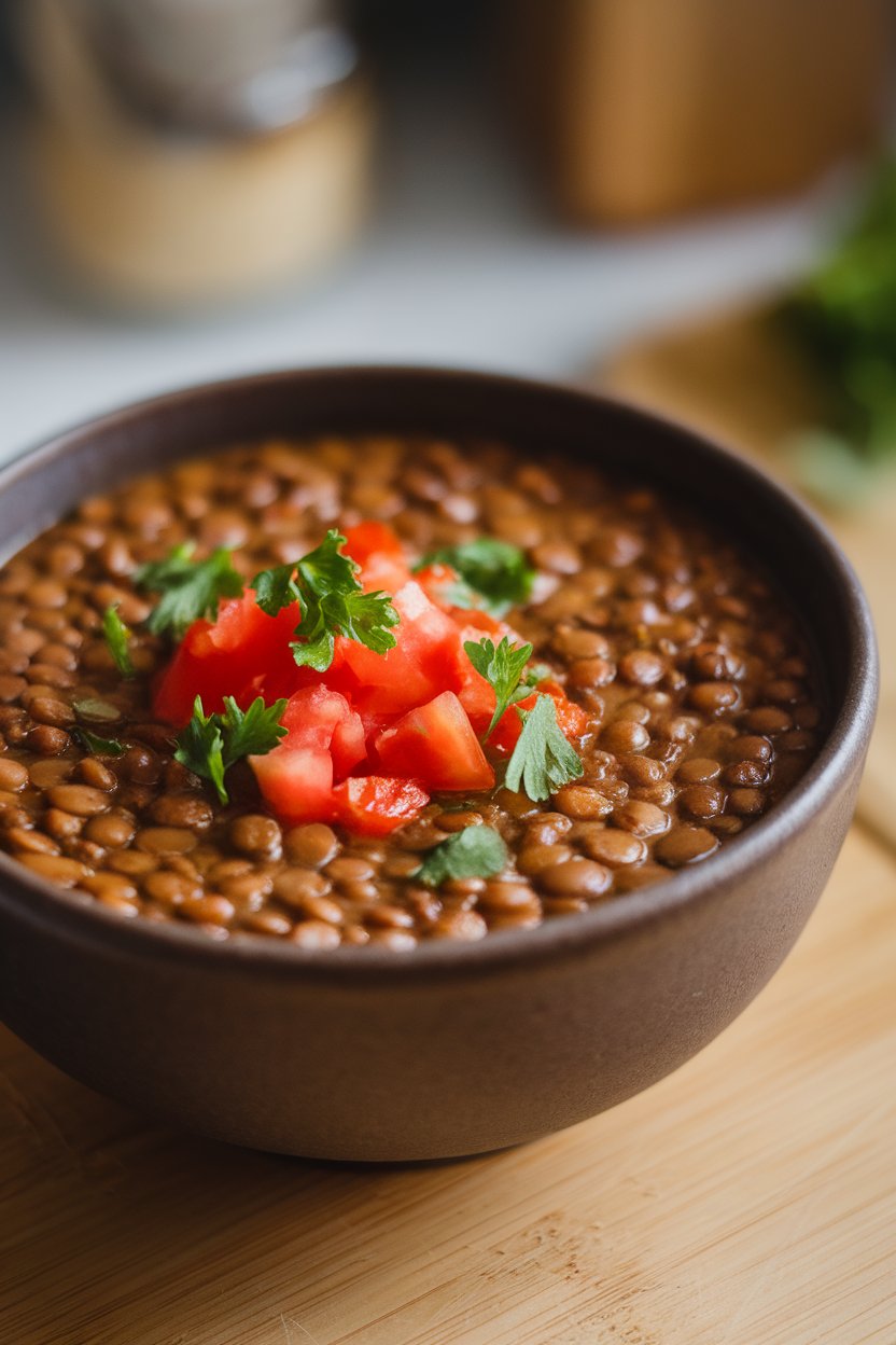 Indoor bowl of warm brown lentil soup topped with diced tomatoes and parsley. No text or branding shown.