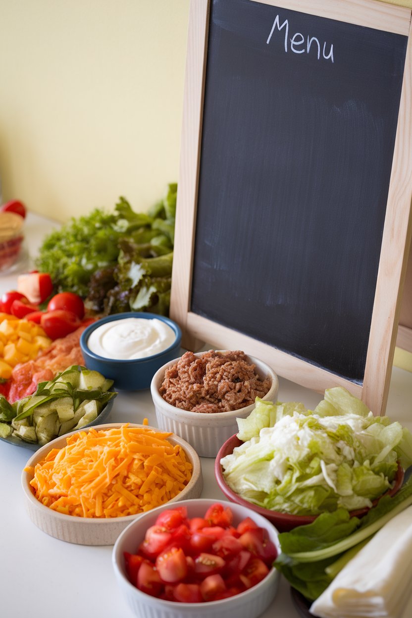 Indoor kitchen chalkboard menu (blank, no text) next to taco ingredients laid out in bowls, no logos.