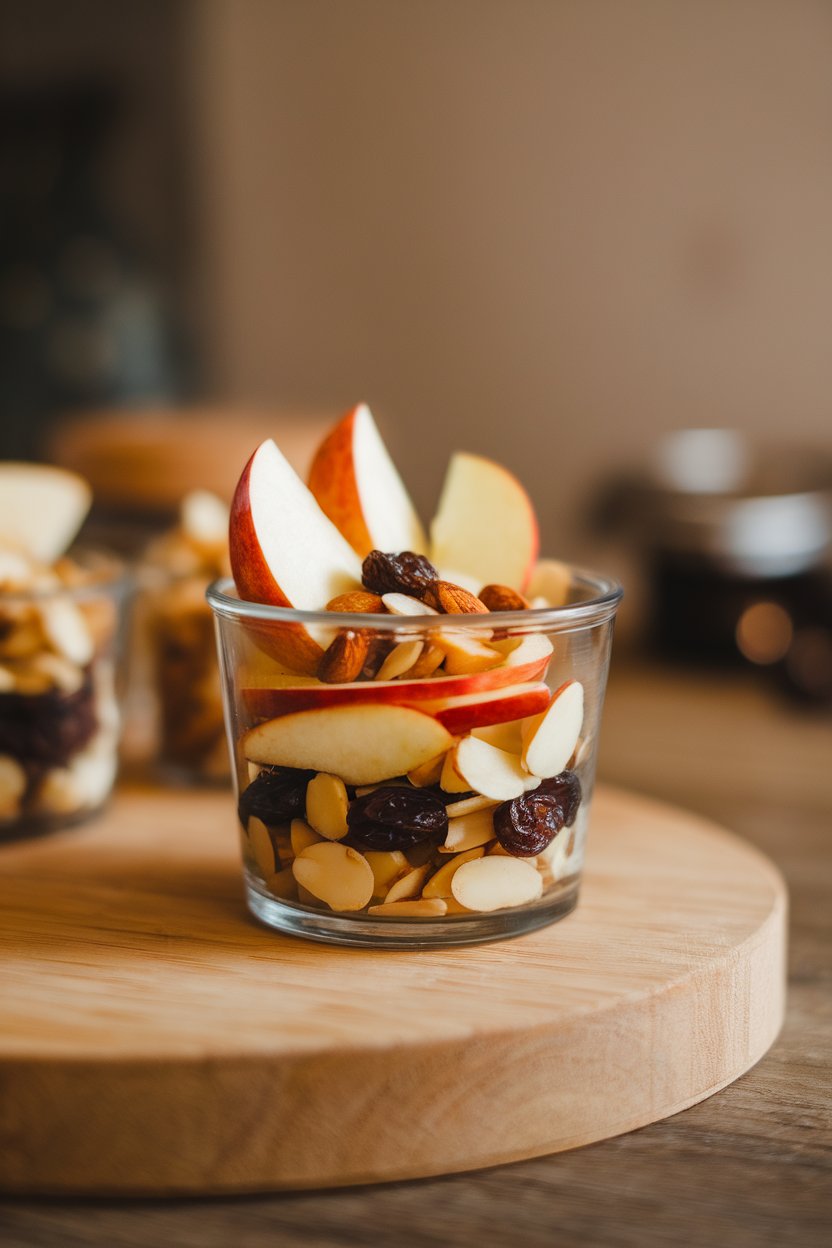 An indoor photo of a small container layered with apple slices, roasted almonds, and raisins, warm neutral light, no text or logos.