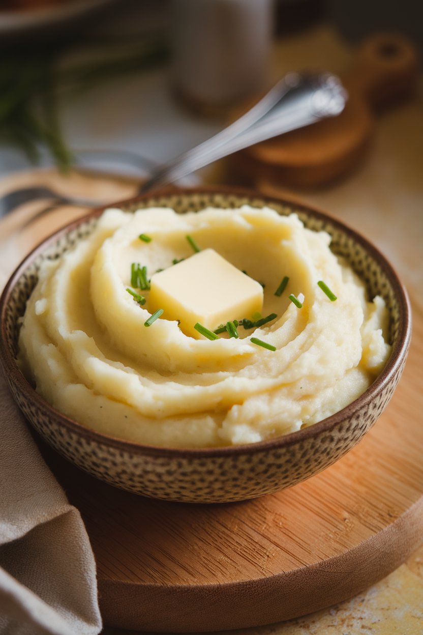 Indoor photo of creamy white mash in a serving bowl, topped with a pat of melting butter and chopped chives, soft evening light. No text or logos.