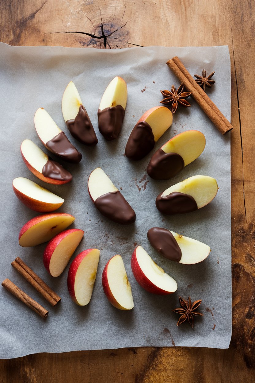 Indoor parchment sheet with apple wedges half-dipped in spiced dark chocolate. No text or logos.