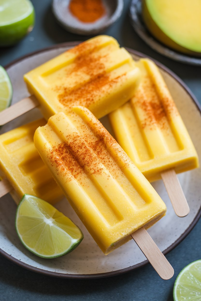 Indoor freezer-style shot of yellow mango popsicles on a plate, lightly dusted with chili powder, lime wedges nearby. No text or logos. Photo, not illustration.