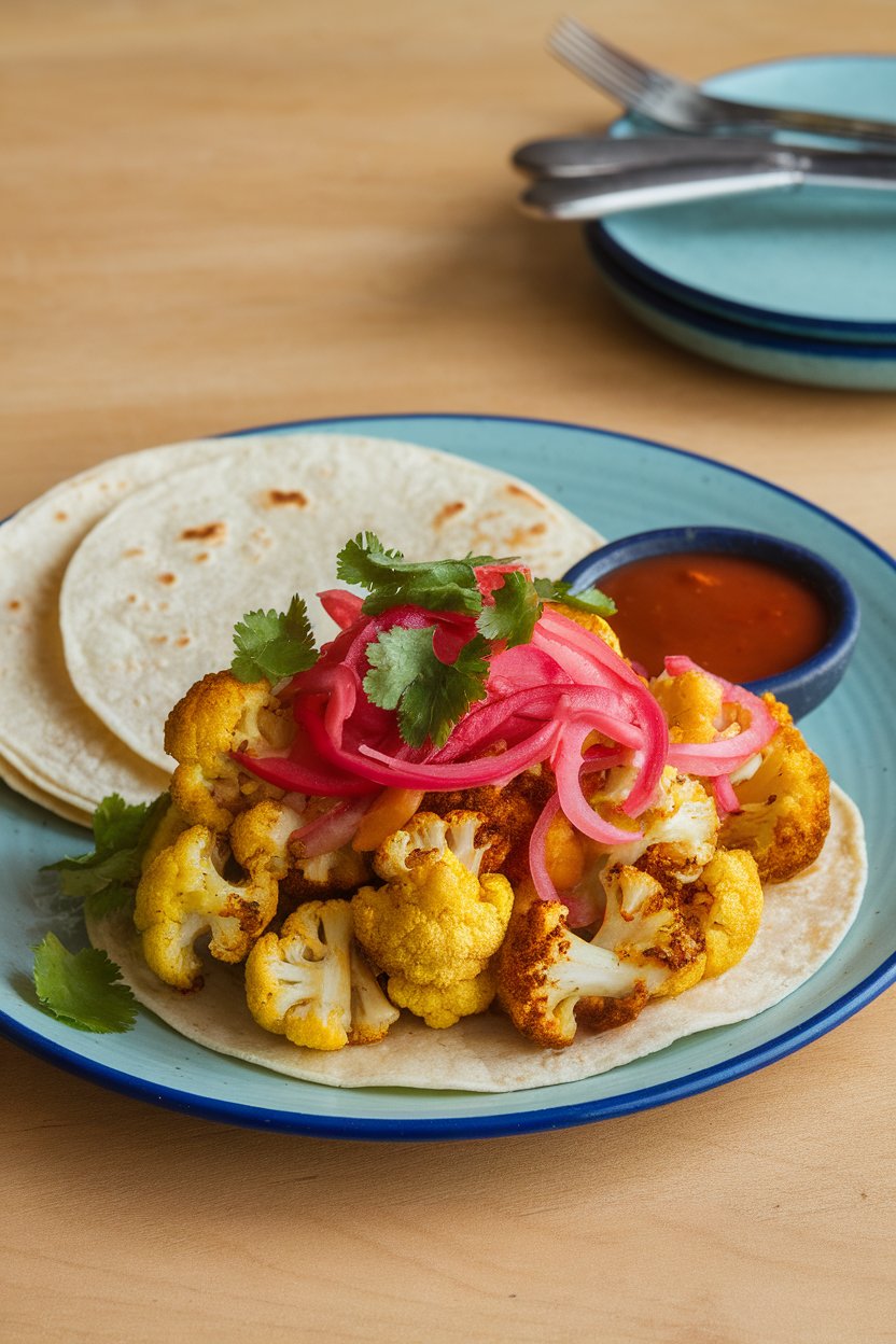 An indoor plate of warm corn tortillas filled with spiced roasted cauliflower florets, pickled onions, and cilantro. No text or logos. Photo.