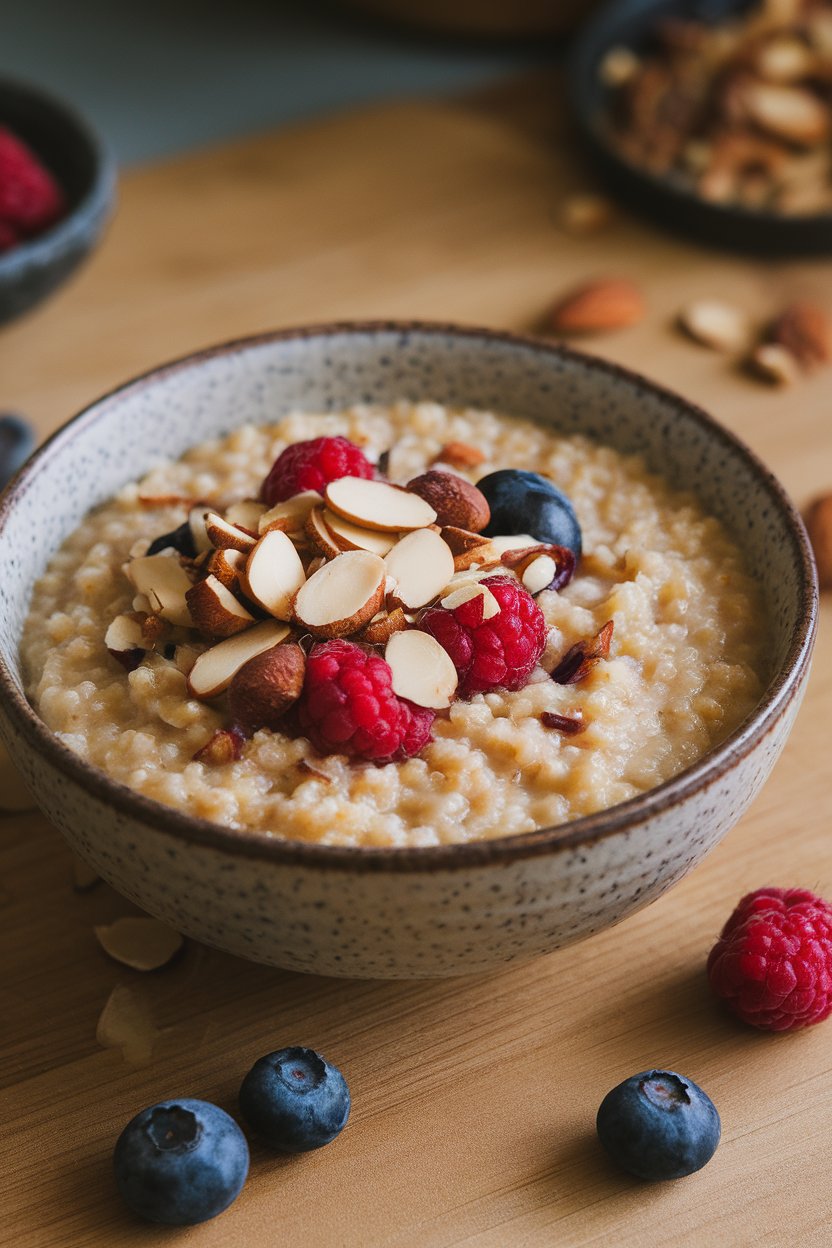 Indoor photo of quinoa porridge topped with sliced almonds and berries in a bowl, no text or logos