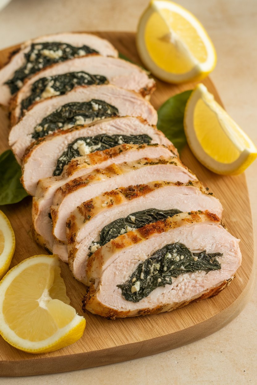Indoor photo of sliced cooked chicken breast stuffed with spinach and feta, displayed on a small wooden board with lemon wedges. No logos or text.