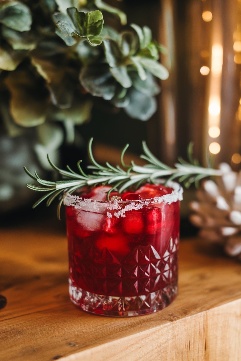Indoor bar counter, close-up of a deep-red cranberry margarita in a rocks glass with a sprig of fresh rosemary and a sugared rim; warm ambient lighting, no text or logos.