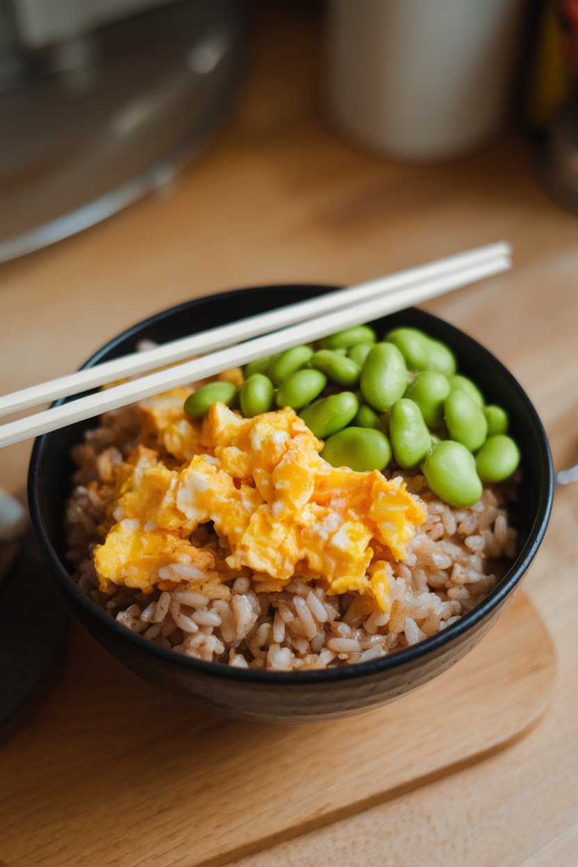Indoor photo of a bowl of breakfast fried rice featuring scrambled egg bits, bright green edamame, and brown rice, chopsticks resting on the rim, no text or logos