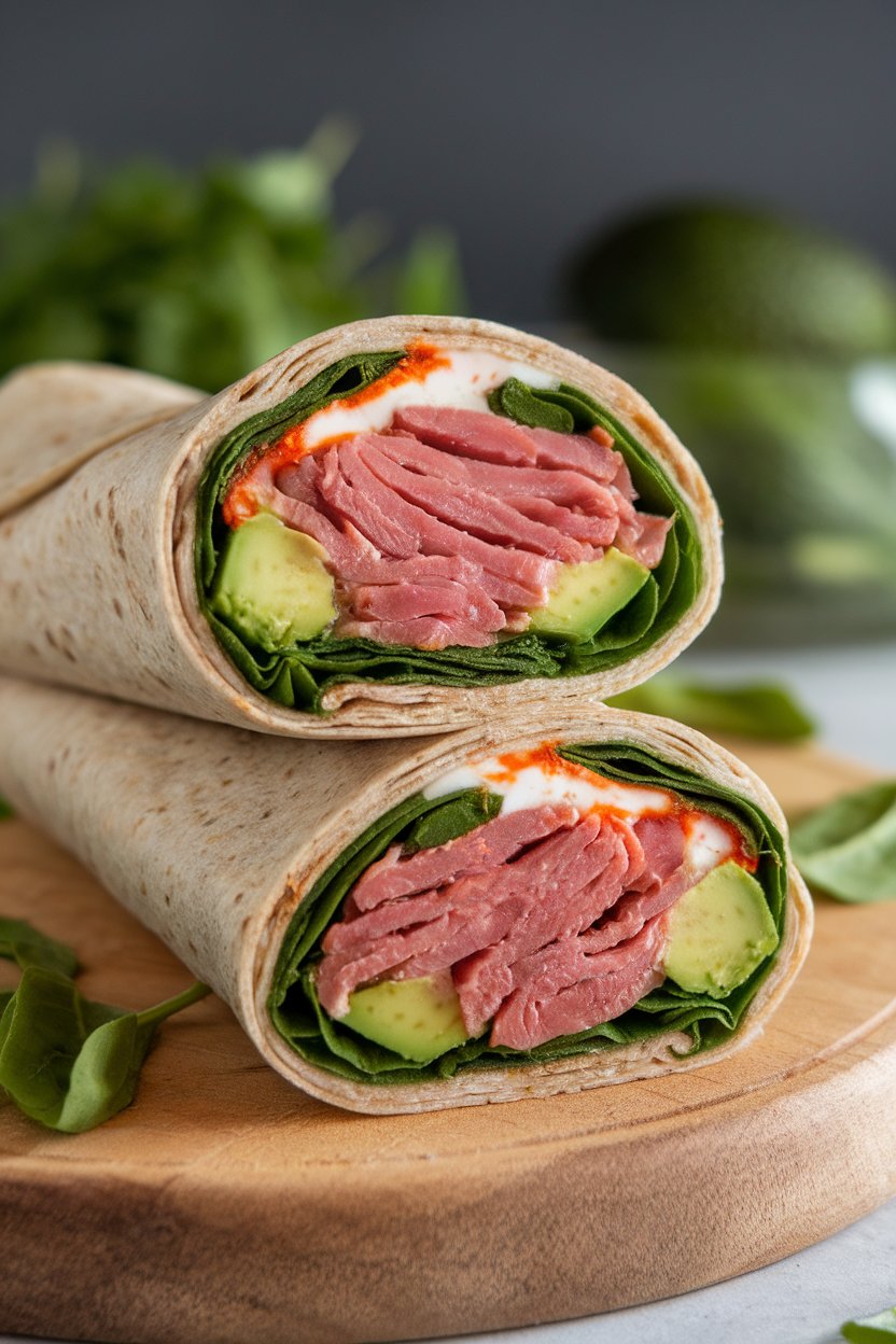 Indoor photo of a whole-grain wrap sliced to show cooked tuna, avocado, spinach, and spicy yogurt sauce, no text or logos.