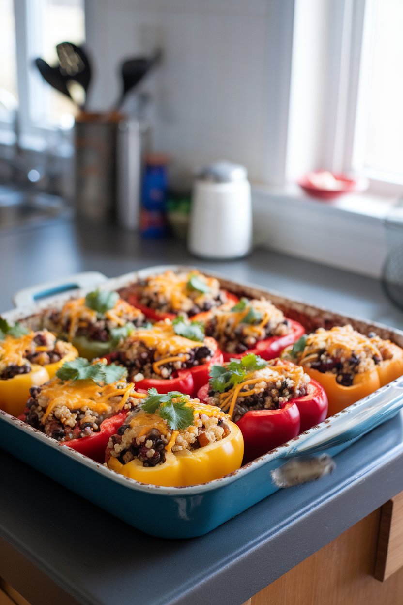A baking dish on an indoor kitchen island containing colorful bell peppers stuffed with quinoa, black beans, and diced tomatoes, cheese lightly melted on top. No visible text or logos.