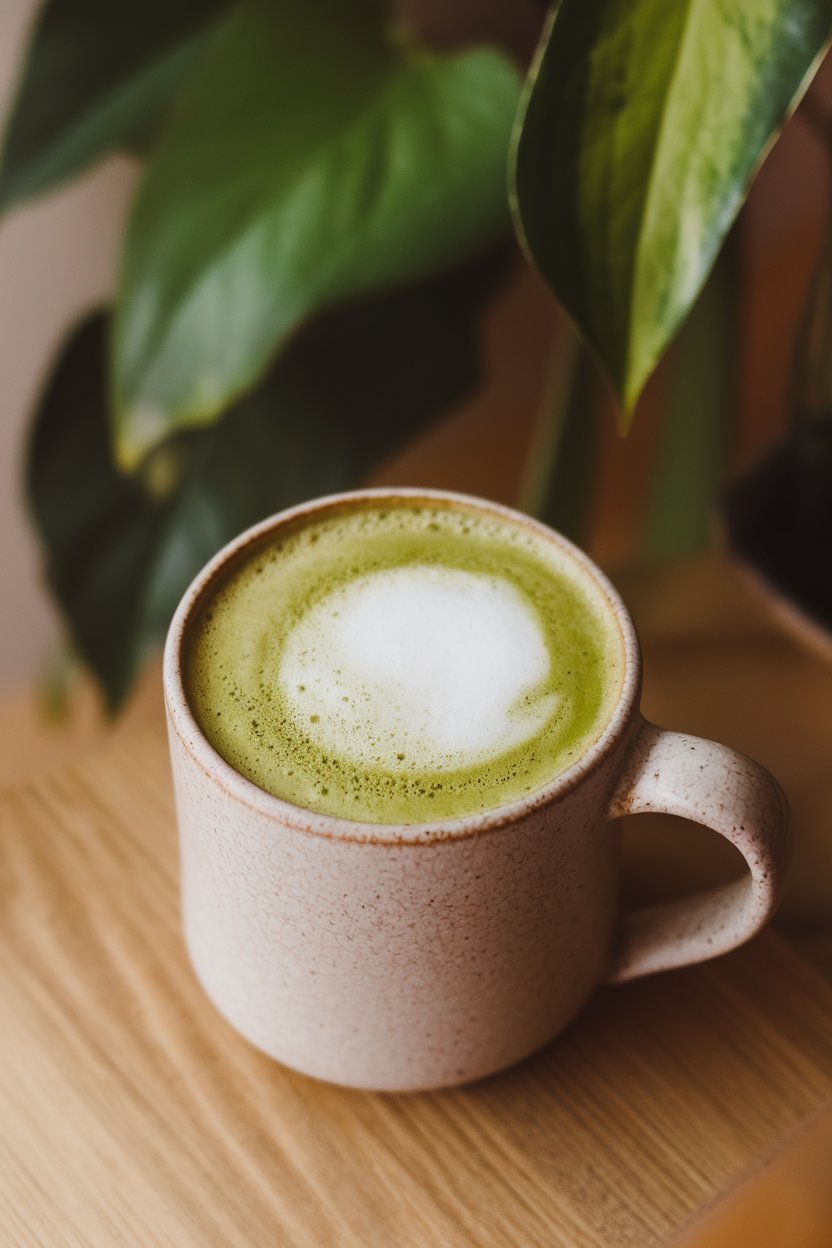Indoor photo of a ceramic mug filled with frothy matcha almond milk latte, bright green hue, no text or logos.
