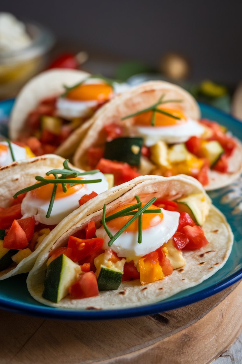 Indoor photo of tacos containing egg whites, diced zucchini, tomatoes, and bell peppers, topped with chives. No text or logos.