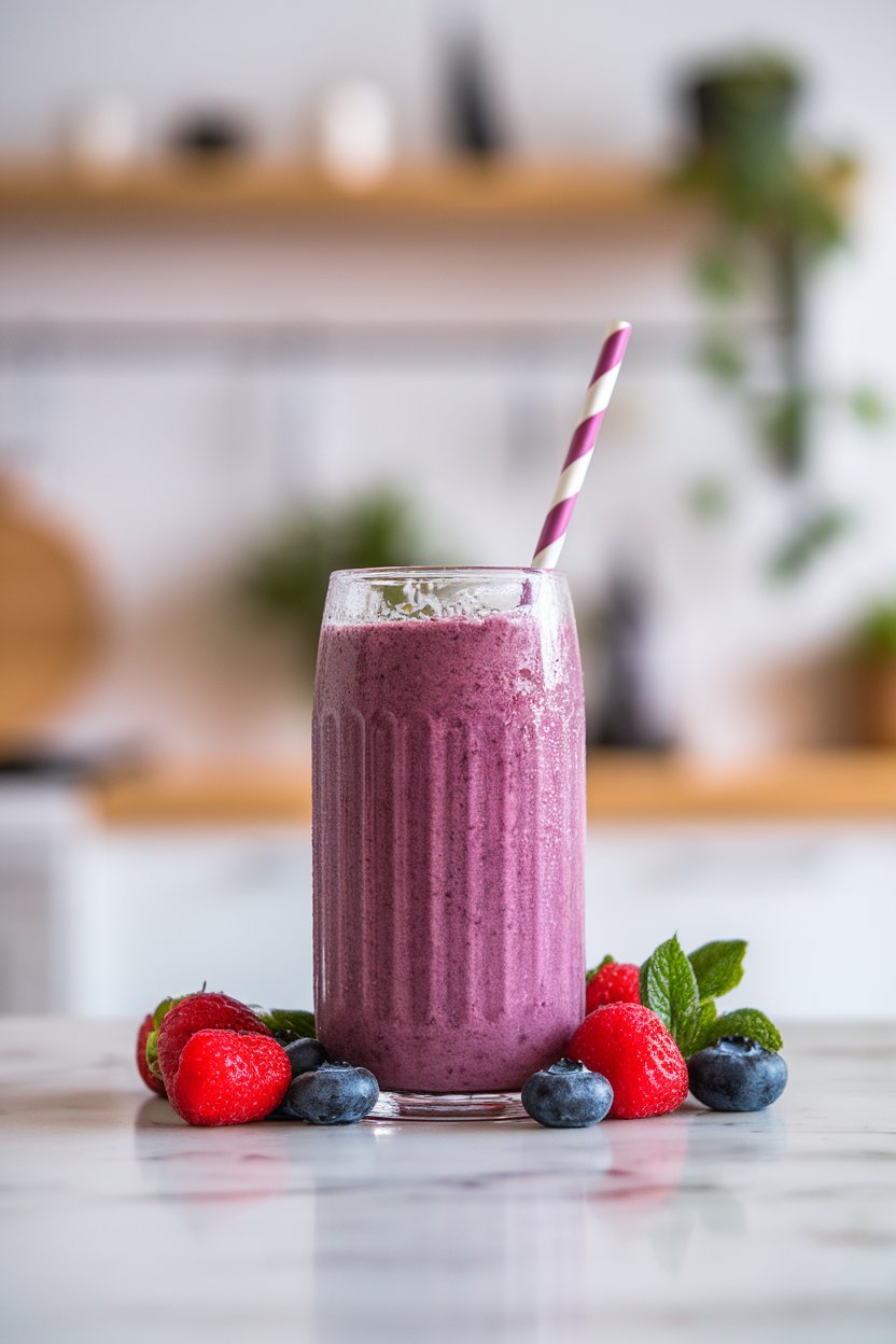Indoor kitchen scene with a tall glass of vibrant purple smoothie and a striped straw, condensation on glass, fresh berries scattered around. No text or logos, photo not illustration.