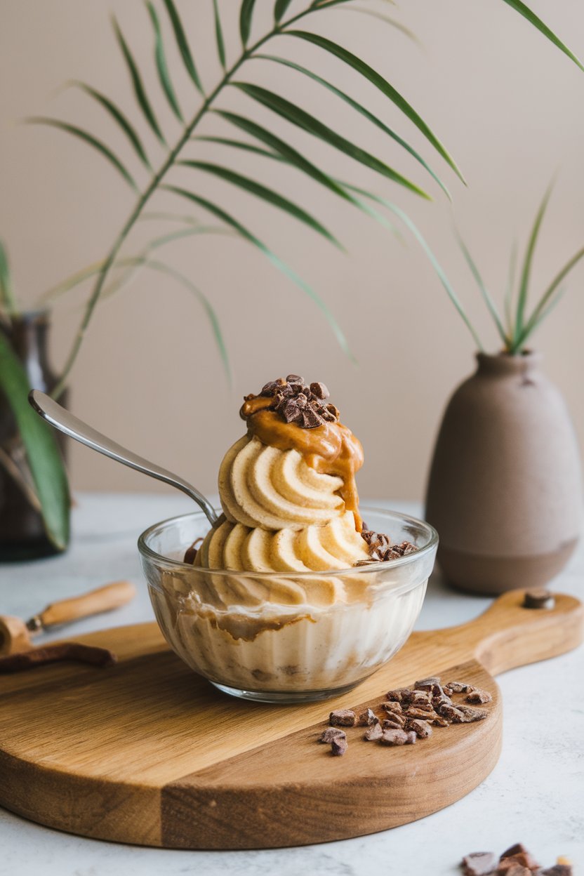Photo prompt: Indoor dessert bowl with swirled banana nice cream topped with a spoonful of peanut butter and cacao nibs. No text or logos visible.
