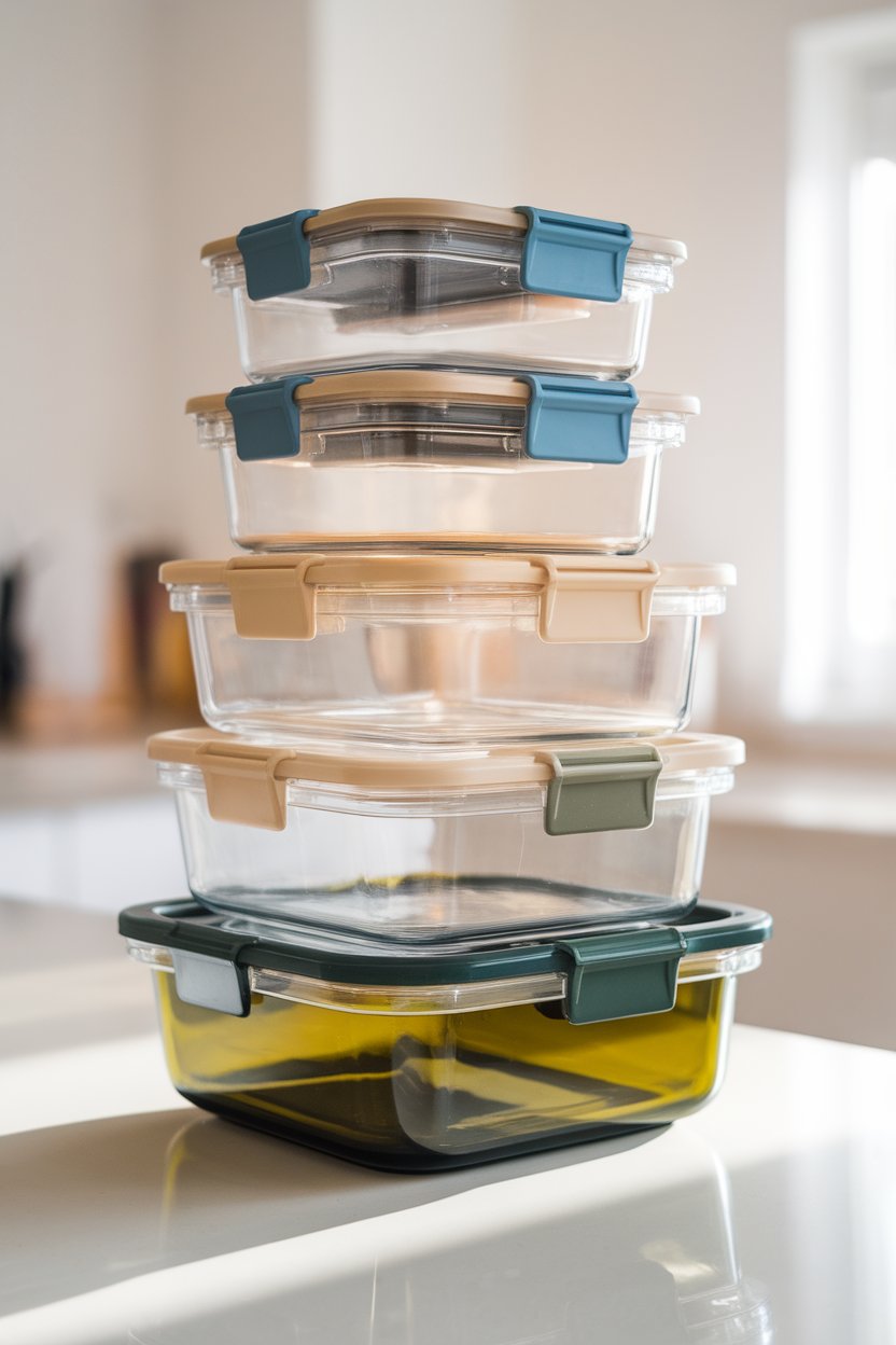 Stack of clear glass food storage containers with locking lids on a kitchen counter, bright indoor light, no brand names.